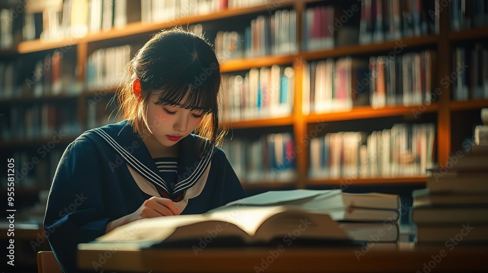 A focused student studies intently in a cozy library, surrounded by shelves filled with books and warm ambient light. A focused student studies intently in a cozy library, surrounded by shelves filled with books and warm ambient light.