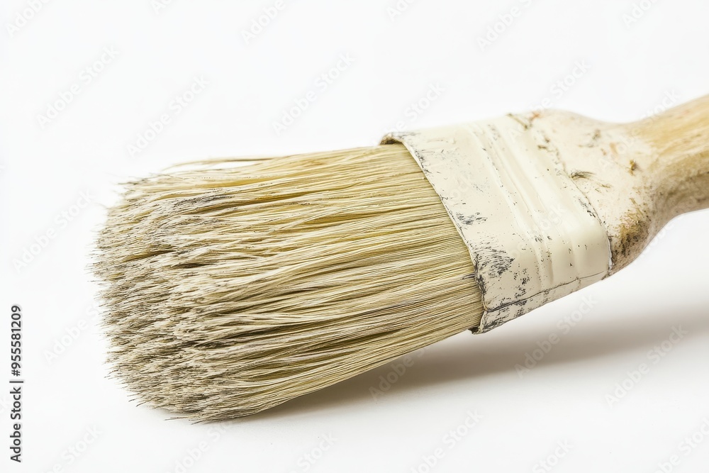 Detail of a worn paintbrush with frayed bristles resting on a white background, showcasing usage wear Detail of a worn paintbrush with frayed bristles resting on a white background, showcasing usage wear