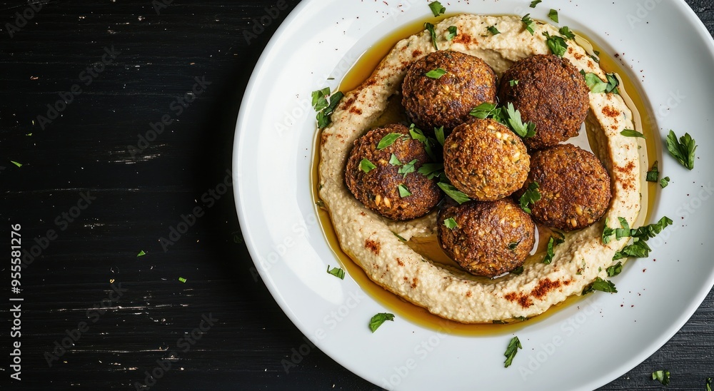 Delicious Falafel with Hummus on a White Plate Delicious Falafel with Hummus on a White Plate