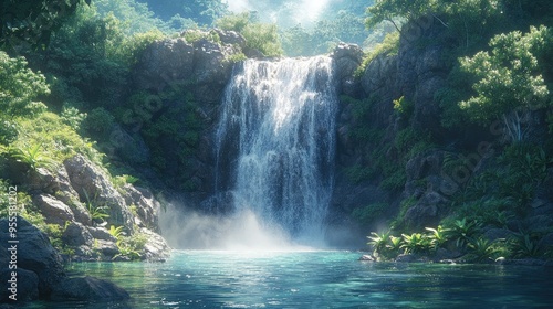 A waterfall cascading down a rocky cliff into a clear pool, surrounded by lush greenery, with mist rising from the water.