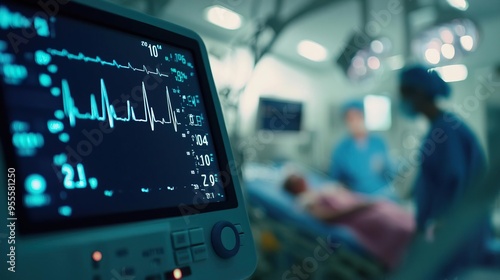 Wallpaper Mural Close-up of a heart monitor in a hospital room, showing vital signs. Medical professionals are attending to a patient. Torontodigital.ca