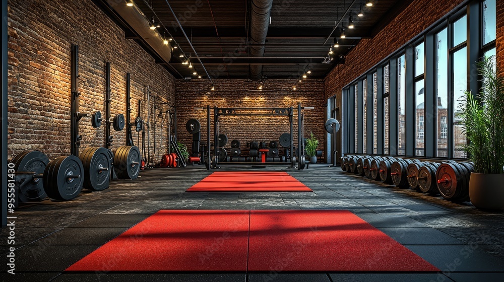 Fototapeta premium A weightlifting area with a barbell and plates, capturing the intensity of strength training with ample space for copy.
