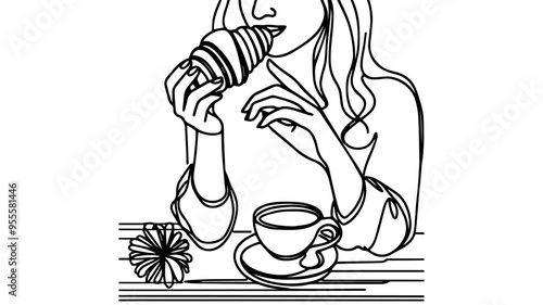 Close-up portrait of a woman sitting in a cafe eating a croissant one line art 