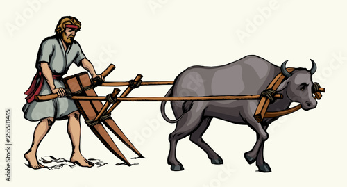 Vector drawing. Old wooden plow