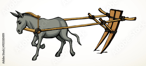 Vector drawing. Cute old mule