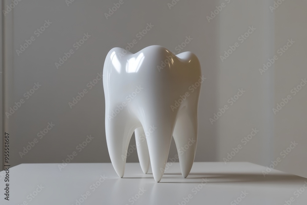 A large white tooth sculpture displayed on a minimalistic table in a bright, modern room A large white tooth sculpture displayed on a minimalistic table in a bright, modern room