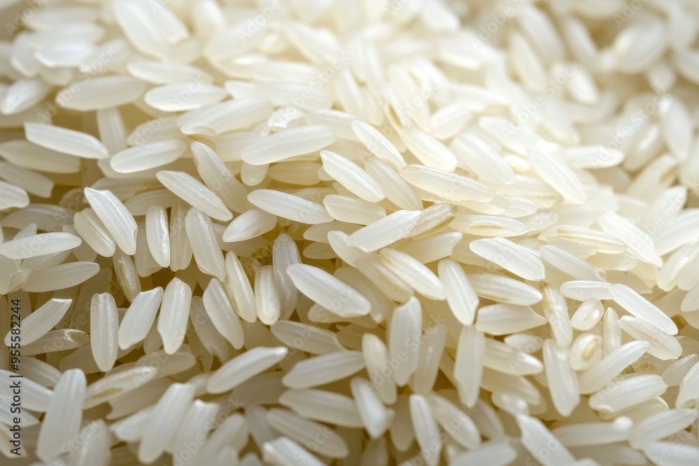 Close-up of uncooked white rice grains on a surface, showcasing their texture and shape Close-up of uncooked white rice grains on a surface, showcasing their texture and shape
