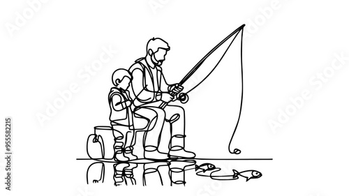Father and son fishing line art vector