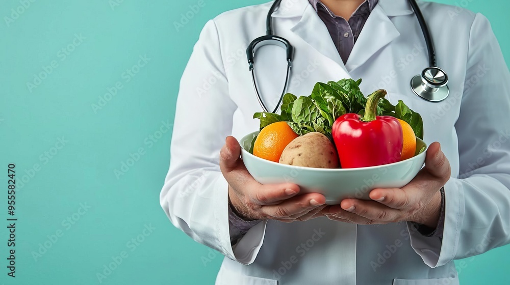 A doctor in a white coat presents a bowl of fresh fruits and vegetables, promoting healthy eating and wellness. A doctor in a white coat presents a bowl of fresh fruits and vegetables, promoting healthy eating and wellness.