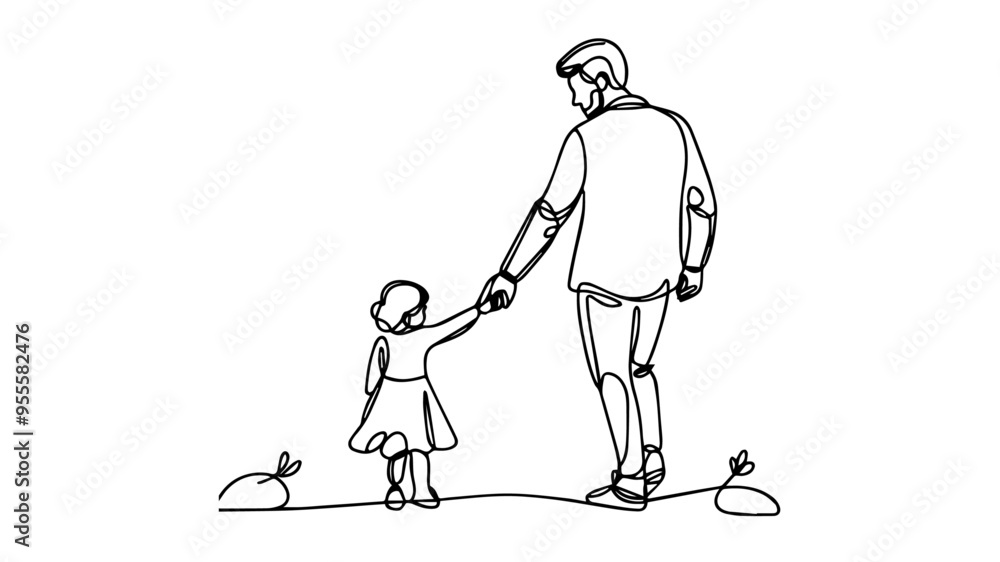 Father holding daughter's hand one line art vector Father holding daughter's hand one line art vector