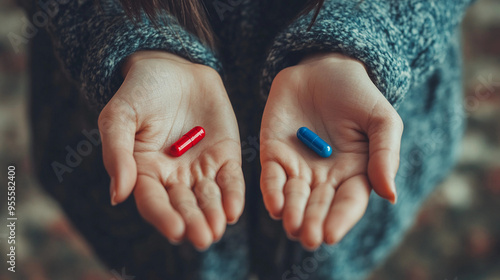 A pair of hands holding out a red and blue pill represents medical medication reality choice and decision wallpaper background