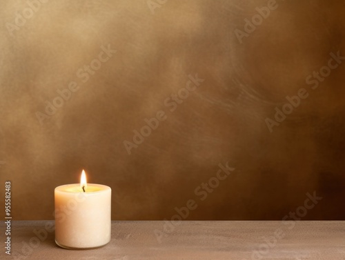 Brown background with white thin wax candle with a small lit flame for funeral grief death dead sad emotion with copy space texture for display 