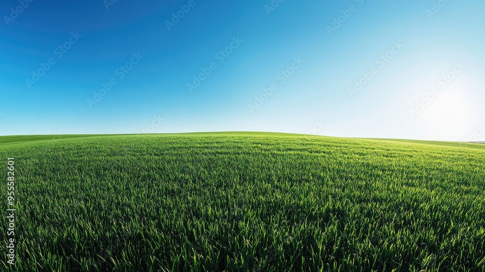 A wide field of lush green grass under a clear blue sky, with gentle rolling hills and ample copy space, perfect for themes of nature and tranquility. A wide field of lush green grass under a clear blue sky, with gentle rolling hills and ample copy space, perfect for themes of nature and tranquility.