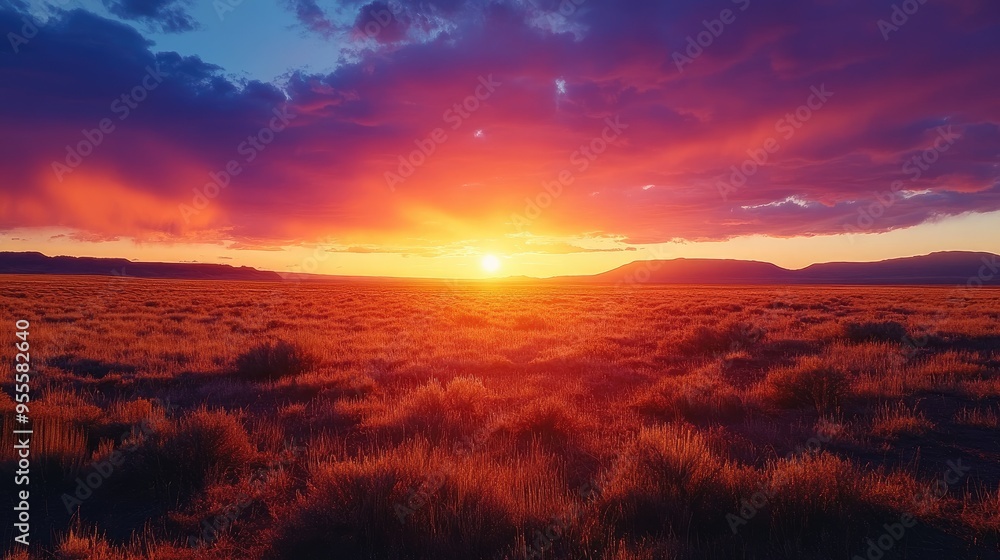 Obraz premium A wide landscape of New Mexico at dusk, with the sky ablaze in vibrant colors and the desert stretching out below, providing a breathtaking scene with ample copy space.