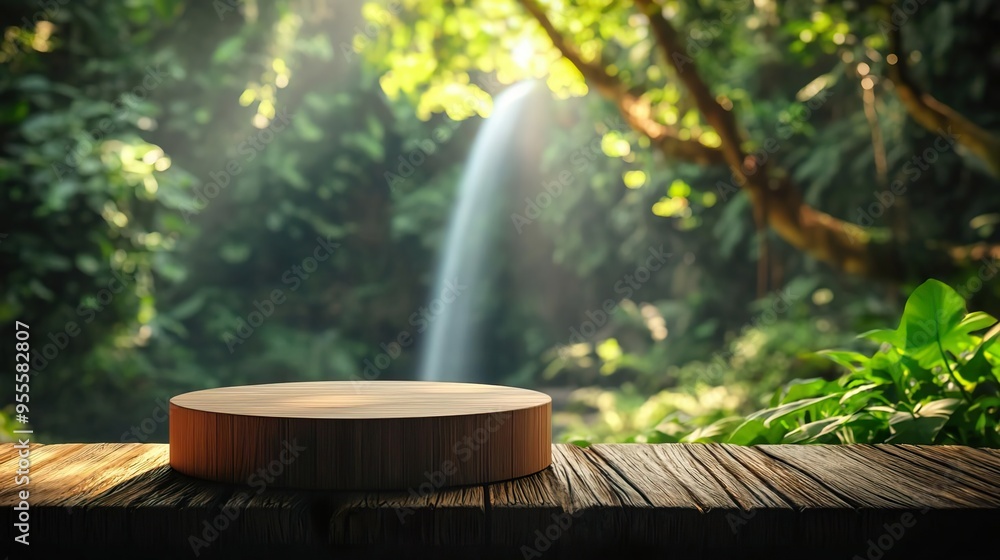A serene wooden platform by a lush waterfall, surrounded by rich greenery, perfect for showcasing nature-themed products. A serene wooden platform by a lush waterfall, surrounded by rich greenery, perfect for showcasing nature-themed products.