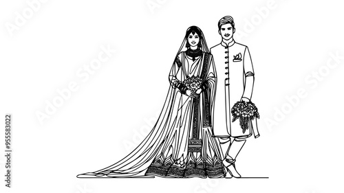 One line art portrait of Indian bride and groom in traditional outfits