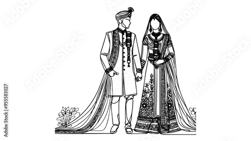Faceless Indian bride and groom in traditional outfits line art vector