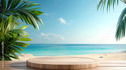 A serene beach scene featuring a wooden podium, perfect for presentations or displays against a tranquil ocean backdrop.