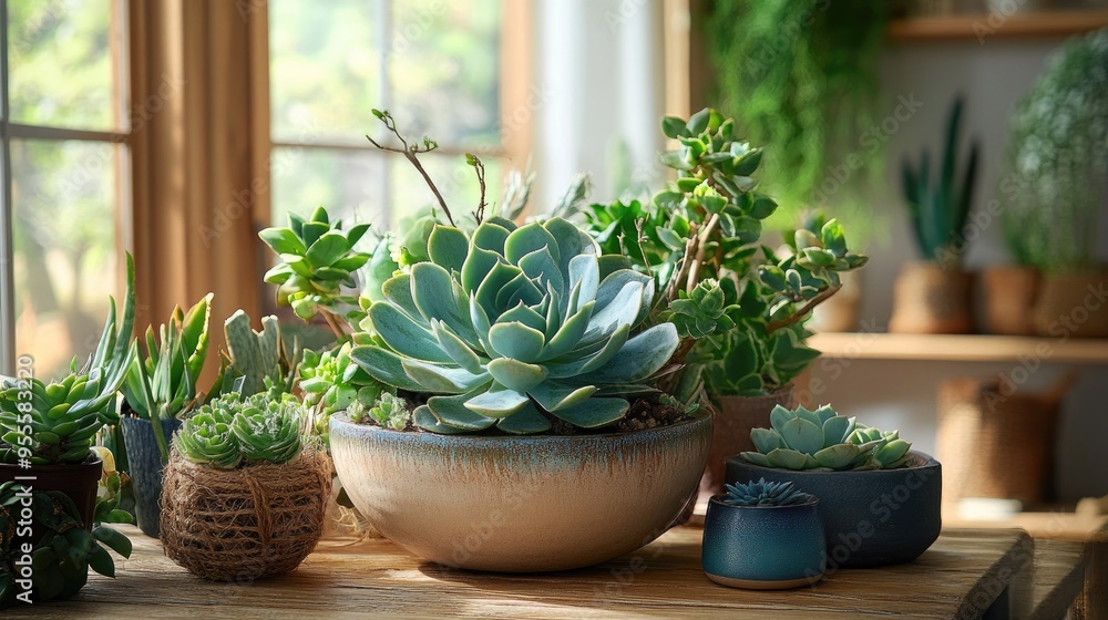 A wide shot of a succulent arrangement on a tabletop, with various plants and decorative elements creating a stylish, modern look. A wide shot of a succulent arrangement on a tabletop, with various plants and decorative elements creating a stylish, modern look.