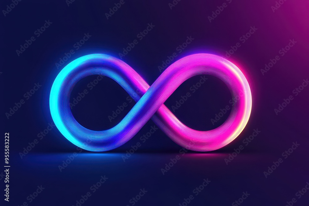 Colorful infinity symbol illuminated with pink and blue light against a dark background at night Colorful infinity symbol illuminated with pink and blue light against a dark background at night