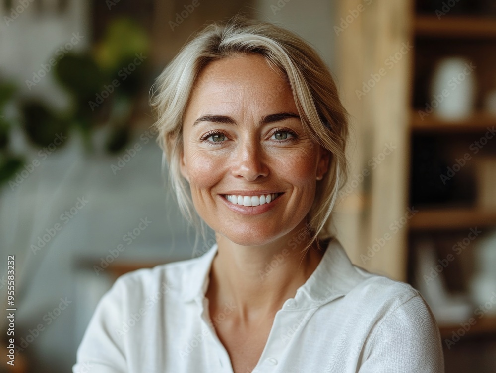 Smiling Woman in Blonde Braid, Casual Wear, Confident Smile Smiling Woman in Blonde Braid, Casual Wear, Confident Smile