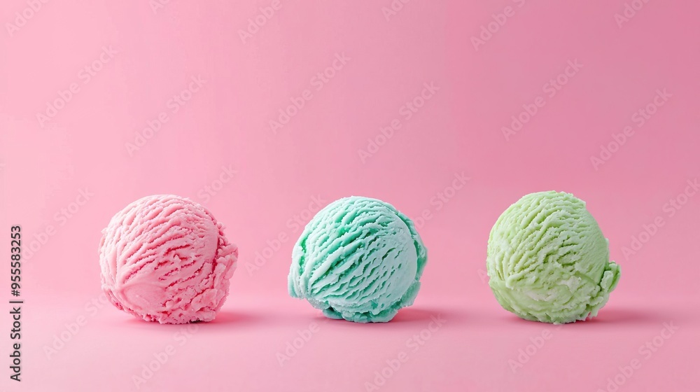 Colorful ice cream scoops arranged against a pink background, perfect for dessert themes and summer treats. Colorful ice cream scoops arranged against a pink background, perfect for dessert themes and summer treats.