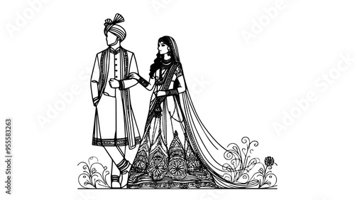 Full body Indian bride and groom in traditional outfits line art vector