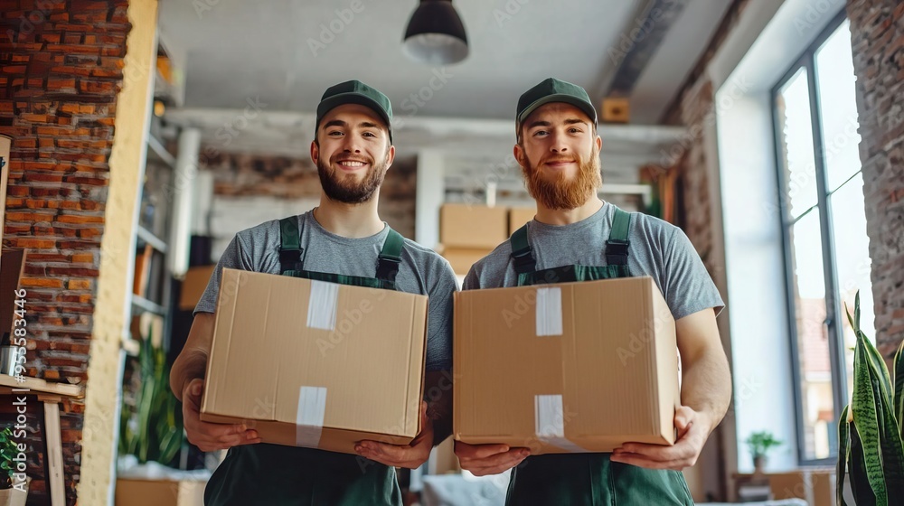 Two smiling delivery men hold cardboard boxes in a bright workspace, showcasing teamwork and professionalism in logistics. Two smiling delivery men hold cardboard boxes in a bright workspace, showcasing teamwork and professionalism in logistics.