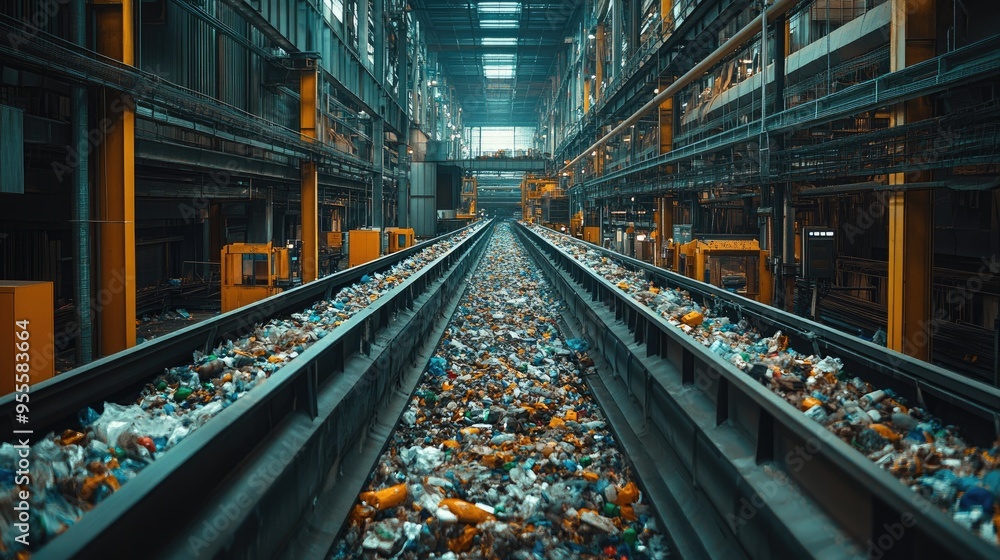 A wide-angle shot of a recycling facility with conveyor belts and sorted materials, offering a glimpse into the recycling process with ample copy space. A wide-angle shot of a recycling facility with conveyor belts and sorted materials, offering a glimpse into the recycling process with ample copy space.