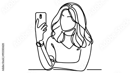 girl taking selfies line art drawing