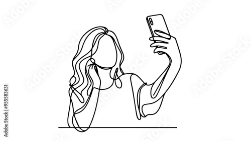 girl with a phone taking selfies line art vector