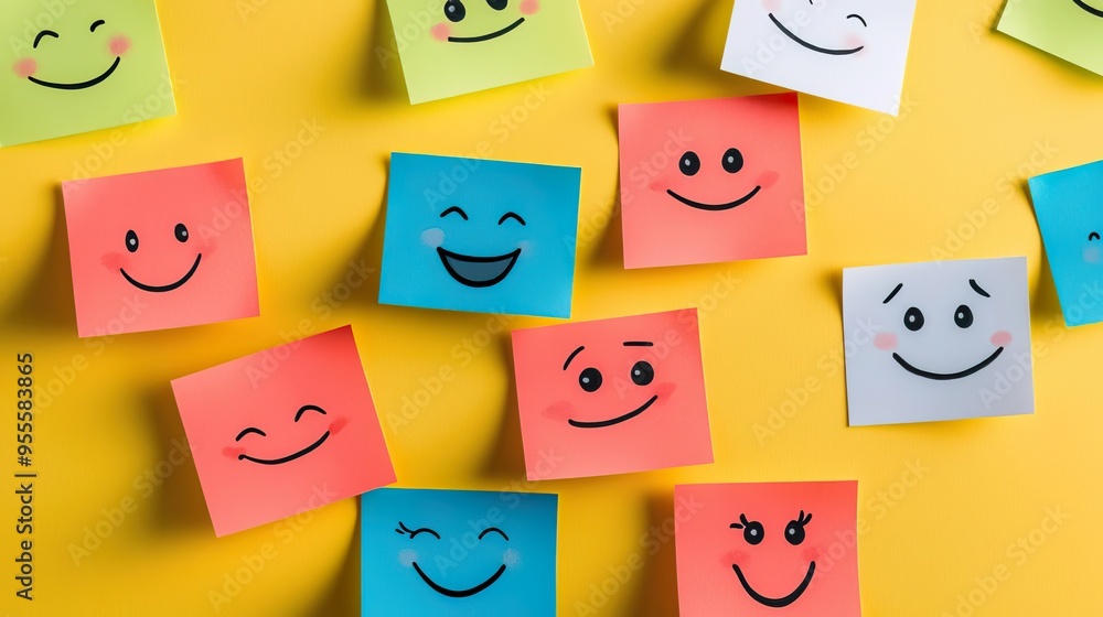 A vibrant display of colorful sticky notes featuring cheerful smiley faces on a bright yellow background, perfect for adding positivity. A vibrant display of colorful sticky notes featuring cheerful smiley faces on a bright yellow background, perfect for adding positivity.