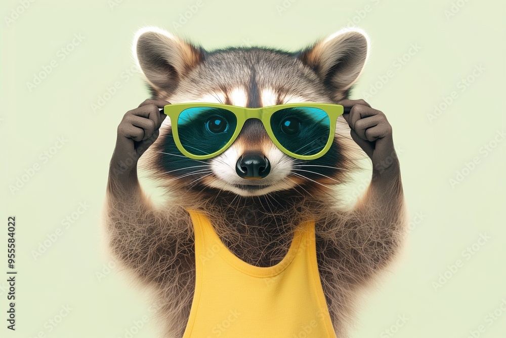 Funny raccoon in green sunglasses making a hand up Funny raccoon in green sunglasses making a hand up