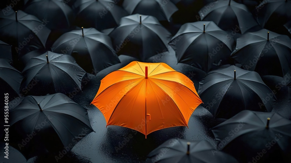Obraz premium A vibrant orange umbrella stands out among a group of dark umbrellas, symbolizing individuality and resilience in adversity.