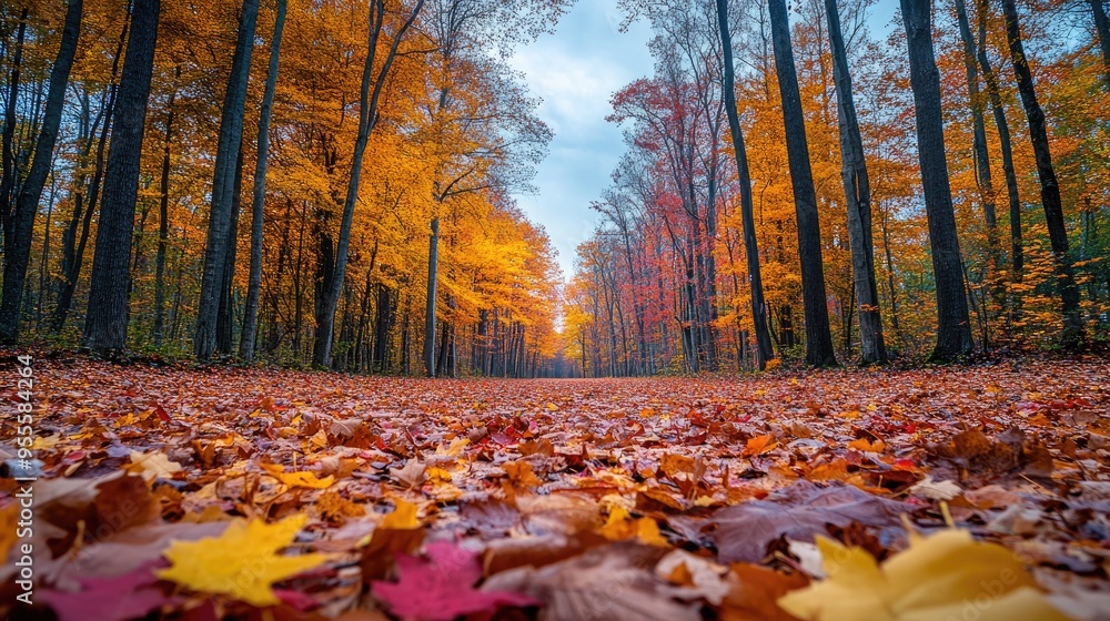 A wide-angle view of a forest floor covered in a thick layer of fall leaves, with the trees overhead creating a canopy of color. A wide-angle view of a forest floor covered in a thick layer of fall leaves, with the trees overhead creating a canopy of color.