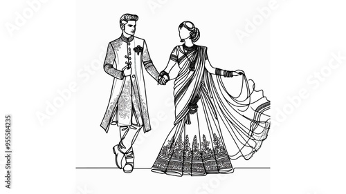Indian wedding line art drawing vector