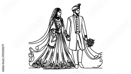 Indian bride and groom in traditional outfits one line art