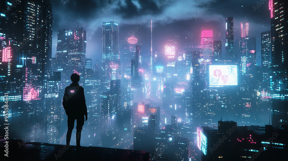 A silhouette of a man looking out over a futuristic cityscape filled with bright digital lights and skyscrapers A silhouette of a man looking out over a futuristic cityscape filled with bright digital lights and skyscrapers