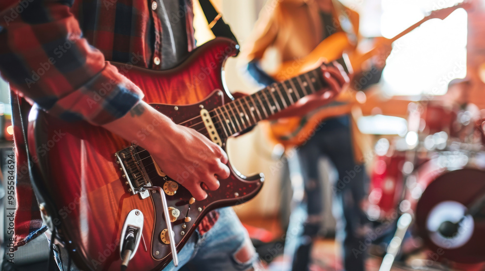 Naklejka premium Band rehearsing with electric guitars