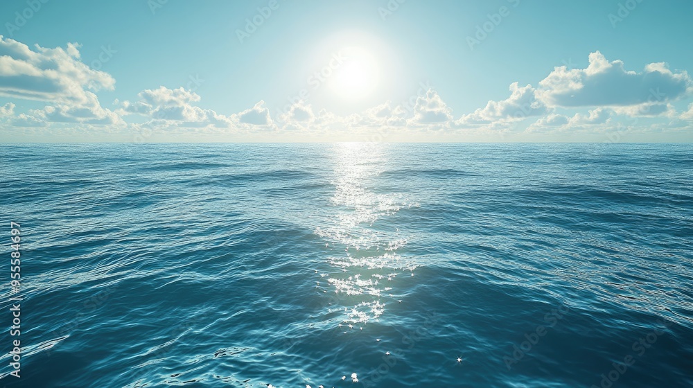 Fototapeta premium A wide-angle view of a sunlit ocean with the sun reflecting off the water, creating a bright and inviting background with space for messaging.