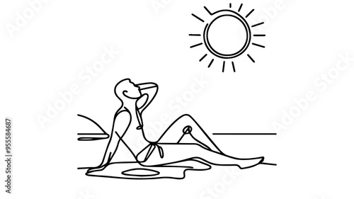 Man sunbathing on the beach line art vector
