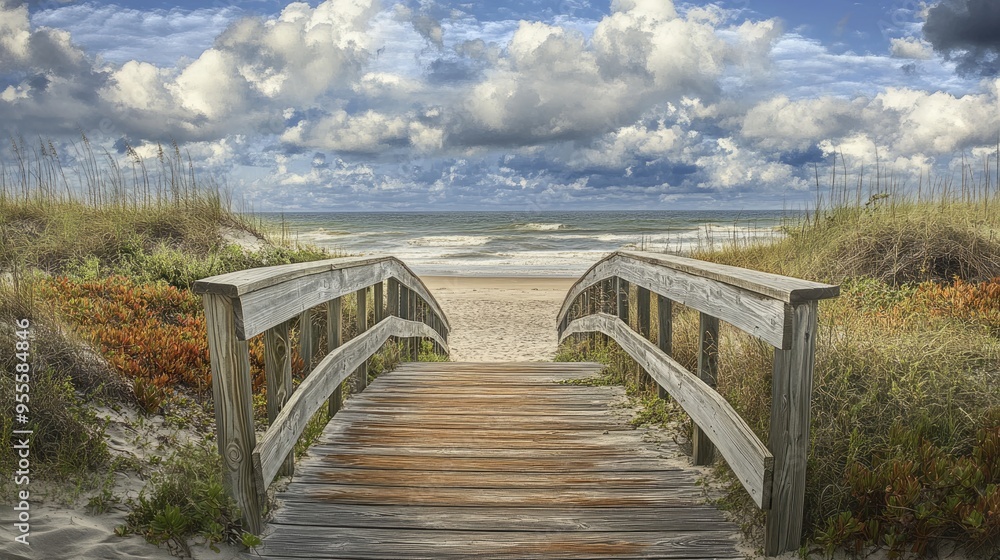 Emerald Isle NC - Coastal Boardwalk Entrance to Sea and Beach with Ocean View Emerald Isle NC - Coastal Boardwalk Entrance to Sea and Beach with Ocean View
