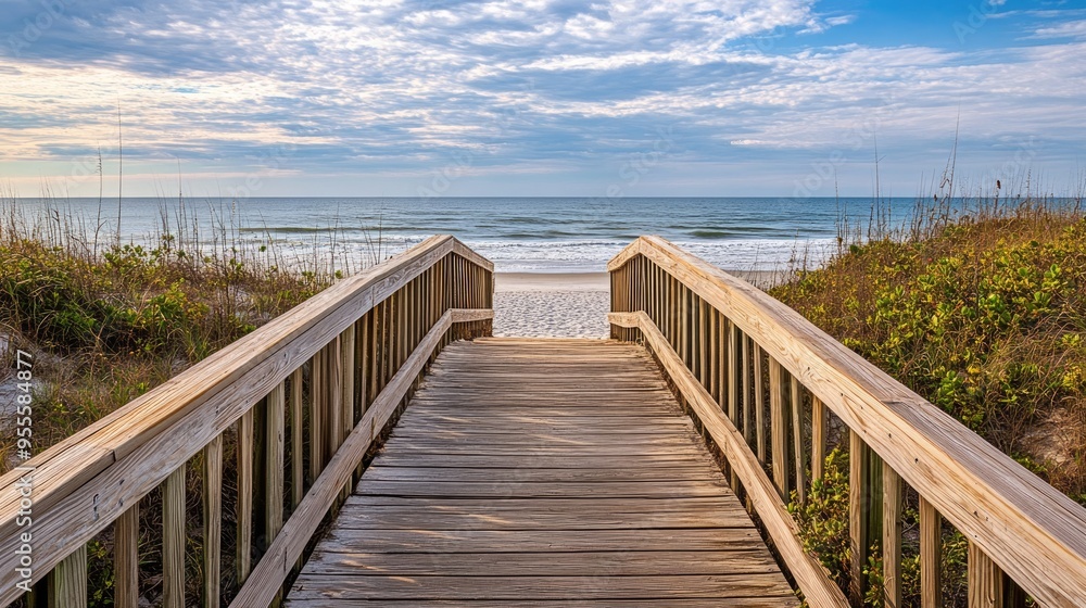 Emerald Isle NC: Boardwalk Entrance to Beach with Sea View Emerald Isle NC: Boardwalk Entrance to Beach with Sea View