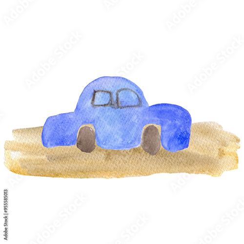 blue car on the road composition watercolor illustration on a white background base for postcards clothes dishes textiles photo