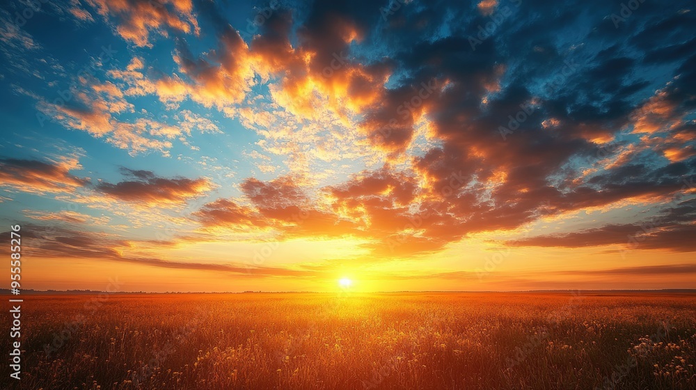 A wide-open field with the sun setting on the horizon, casting a warm glow on the clouds above. A wide-open field with the sun setting on the horizon, casting a warm glow on the clouds above.