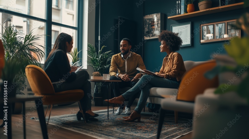 People engaged in a discussion in a cozy modern living space with plants, large windows, and warm decor during the afternoon People engaged in a discussion in a cozy modern living space with plants, large windows, and warm decor during the afternoon