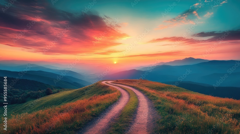 Fototapeta premium A winding mountain road at sunset, with the sky filled with warm colors and the peaks silhouetted against the horizon.