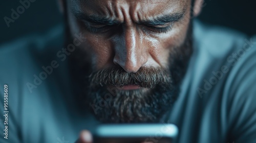 This close-up captures a gray-bearded man intensely focused on using a device, highlighting a sense of deep engagement and concentration in a dimly lit environment.