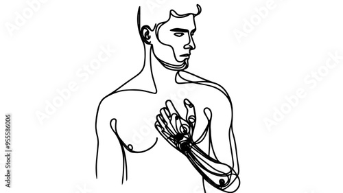 Portrait of a man with a prosthetic arm single line art illustration