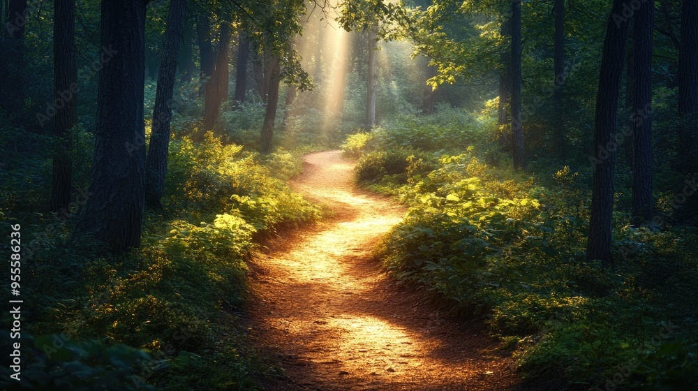 Obraz premium A winding trail through a dense forest with sunlight filtering through the trees, inviting exploration and adventure with ample space for copy.